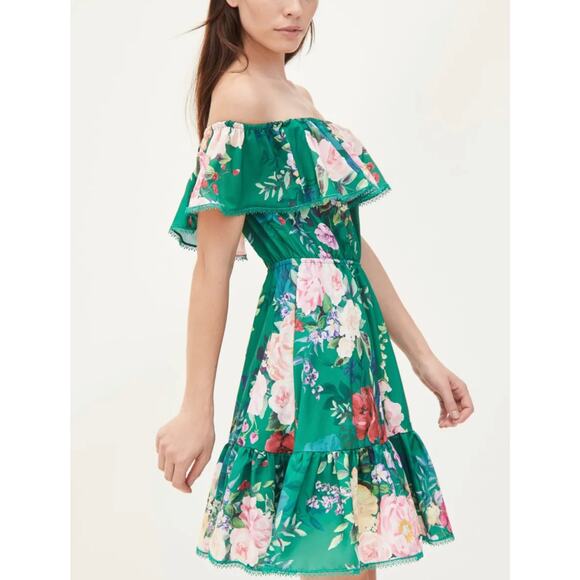 Marchesa Notte Emerald Roses Off Shoulder Mini Dress Womens 4 - Picture 4 of 16